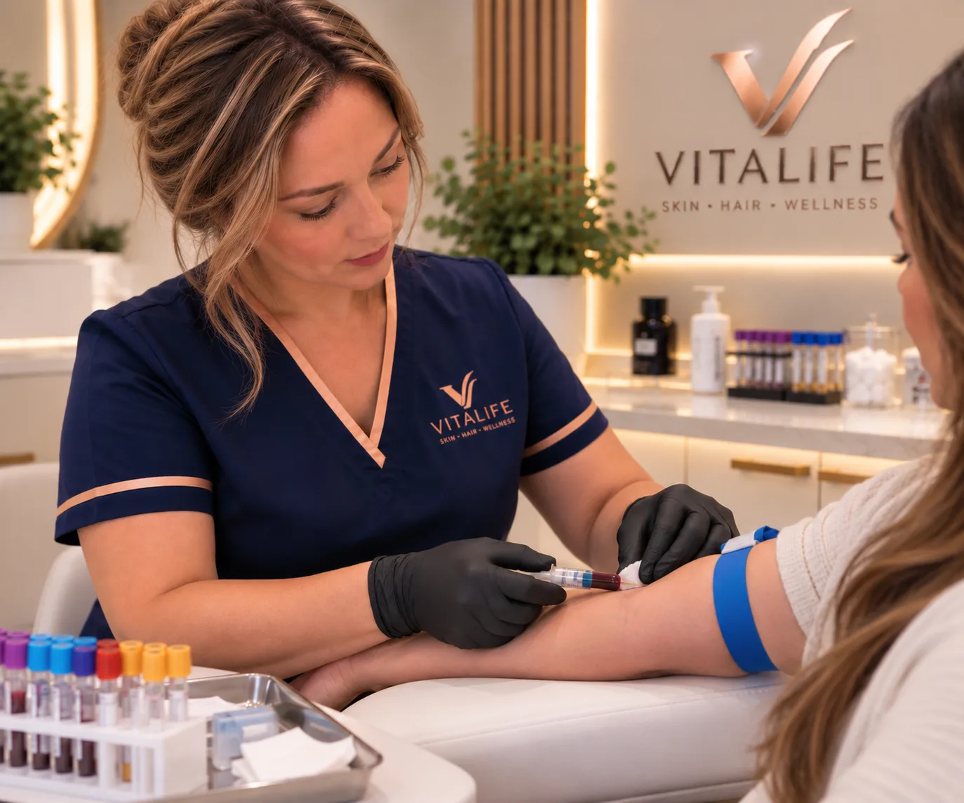A blood sample being taken from a seated client's arm, with labelled sample tubes ready on the tray alongside.