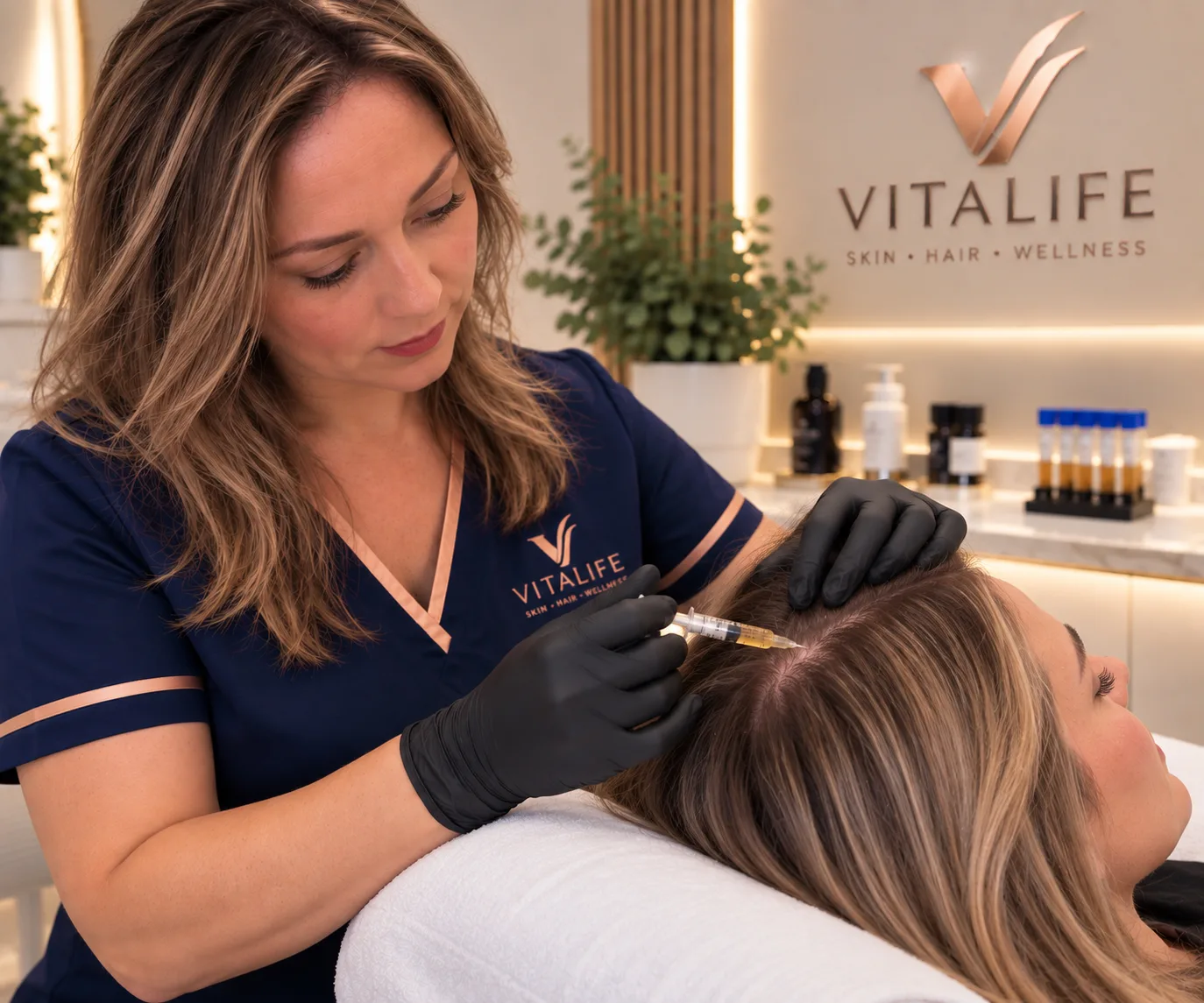A PRP treatment being applied along the hairline of a client reclining in the treatment chair.