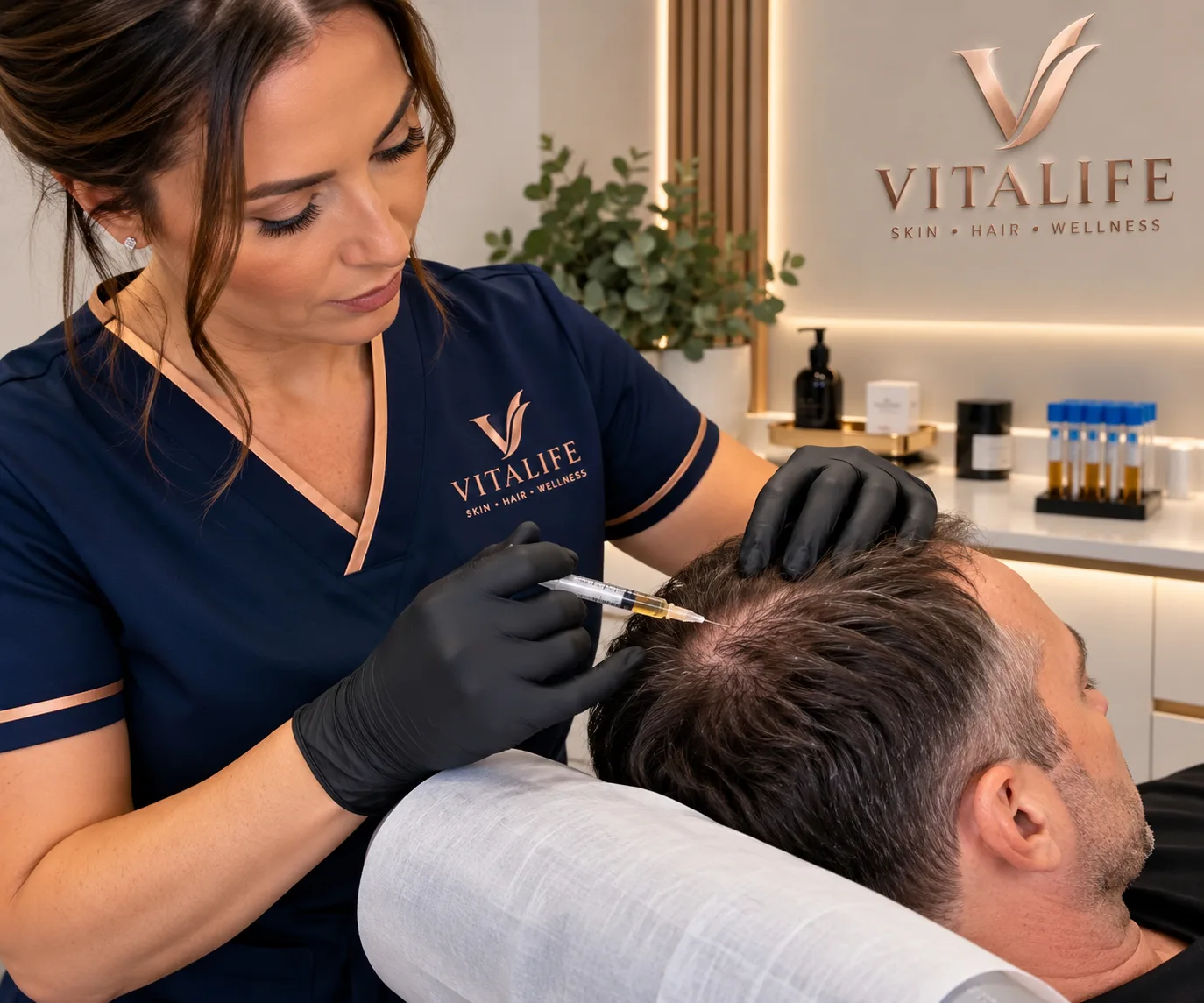 A PRP hair restoration treatment in progress, injected into the scalp of a client reclining in the treatment chair.