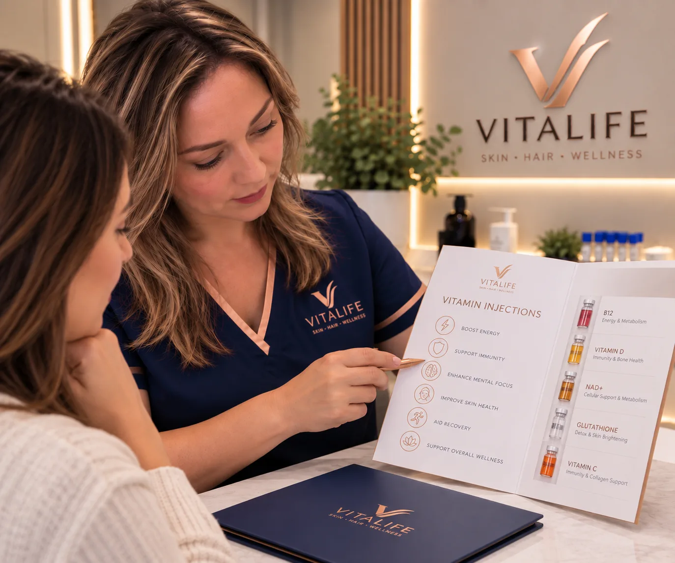 A vitamin injection menu being explained to a client, the vials displayed on the card between them.