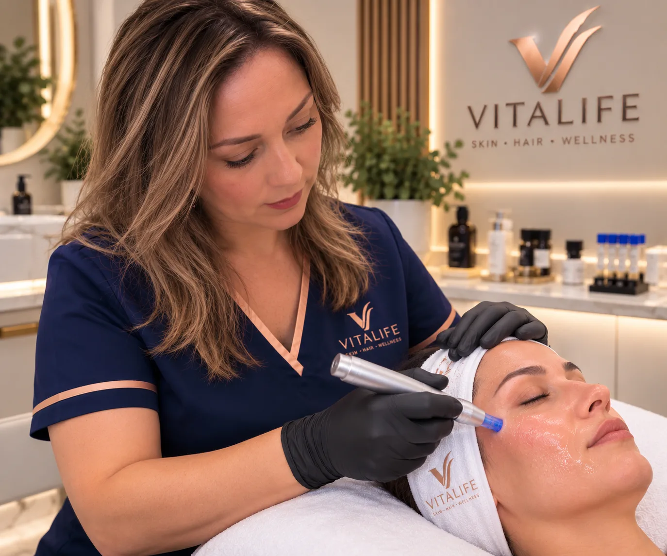 A microneedling facial in progress, the device drawn across a client's cheek.